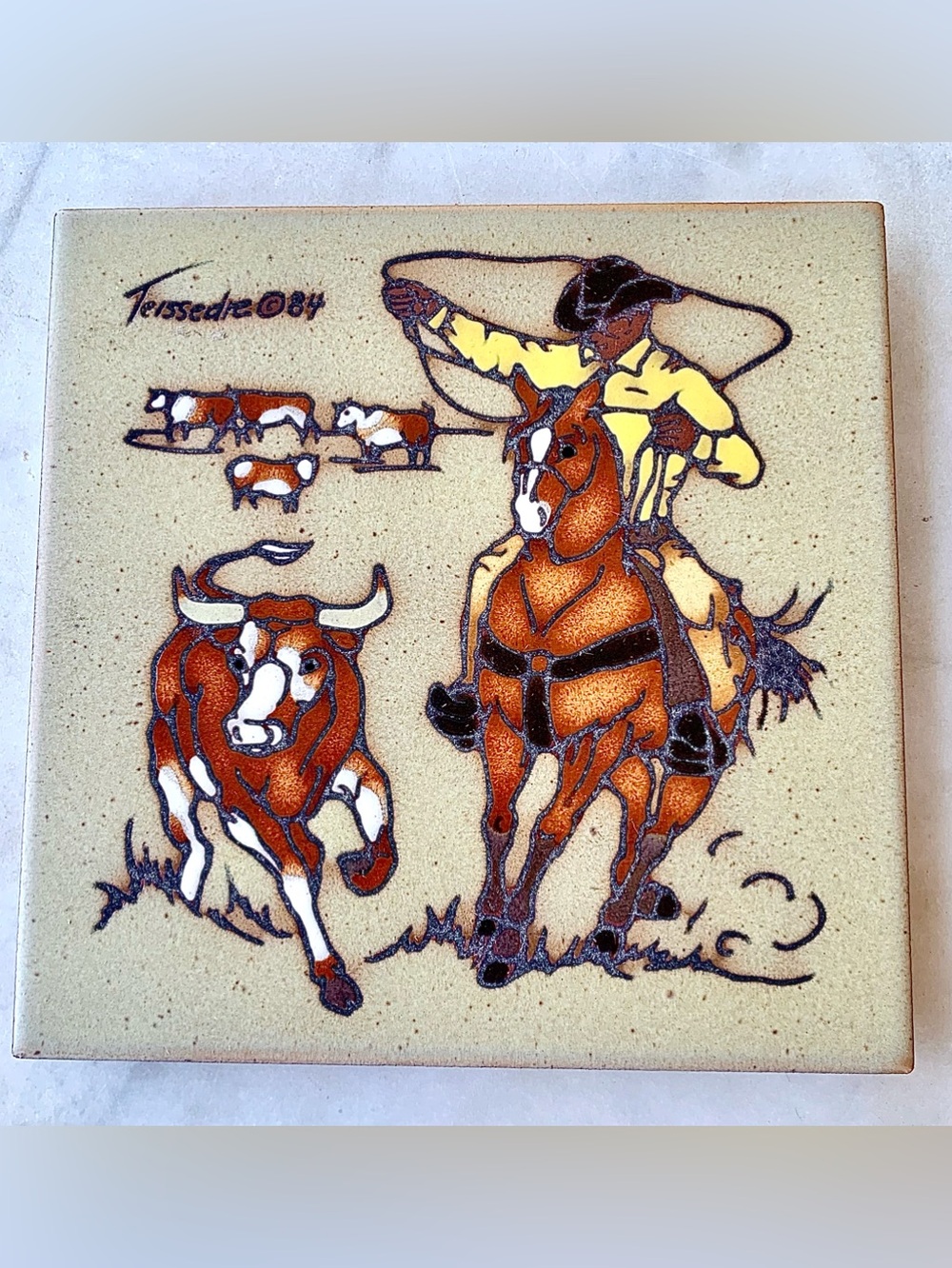CLEO TEISSEDRE 84 HANDCRAFTED  Cowboy Rodeo Ceramic Tile Wall TRIBET VINTAGE 84